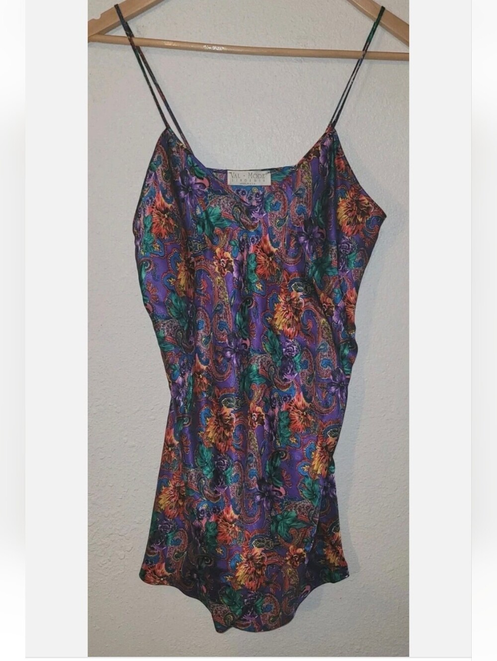Val Mode Lingerie Satin Nightgown Chemise Slip Large Purple Paisley Floral VTG